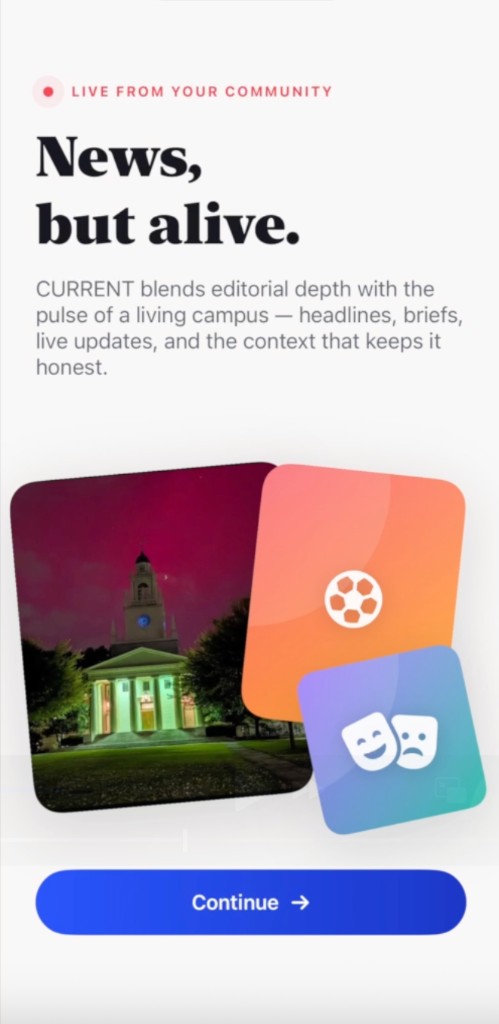 CURRENT intro screen with headline “News, but alive” and stacked preview cards.